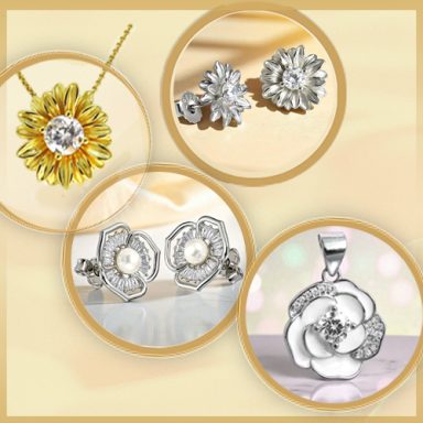 Blumen Motiv Schmuck Floraler Schmuck: Halsketten und Ohrringe in Blumenform, teils mit Perlen, teils mit funkelnden Kristallen verziert.