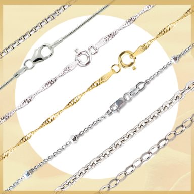 Ketten ohne Anhänger Verschiedene Halsketten in Silber und Gold mit unterschiedlichen Gliedern und Verschlüssen